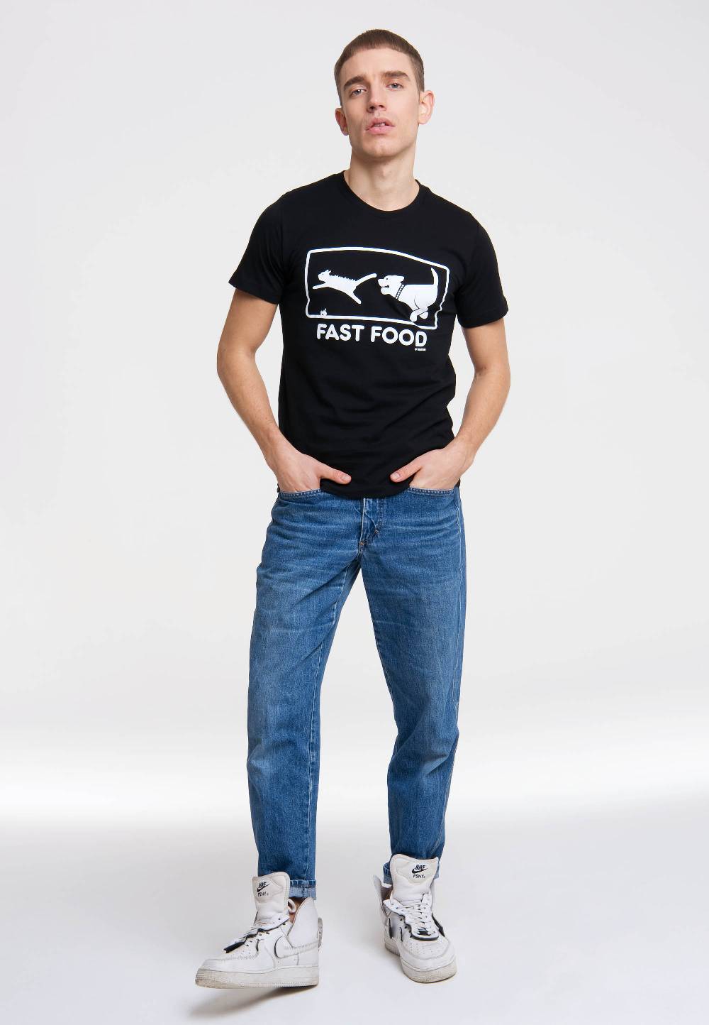 Logoshirt Fast Food - Hund Jagt Katze - T-Shirt Print Rabatt