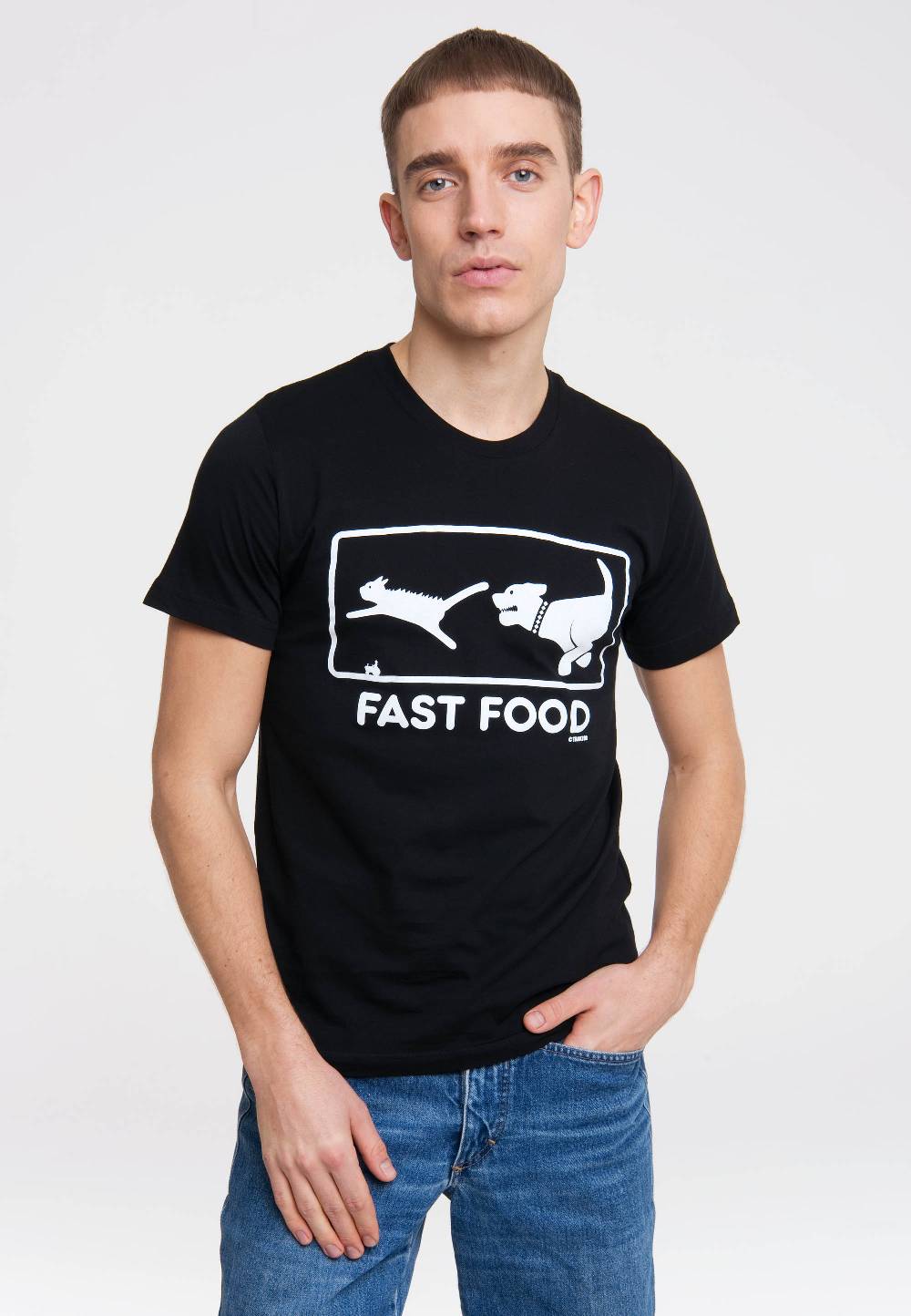 Logoshirt Fast Food - Hund Jagt Katze - T-Shirt Print Rabatt