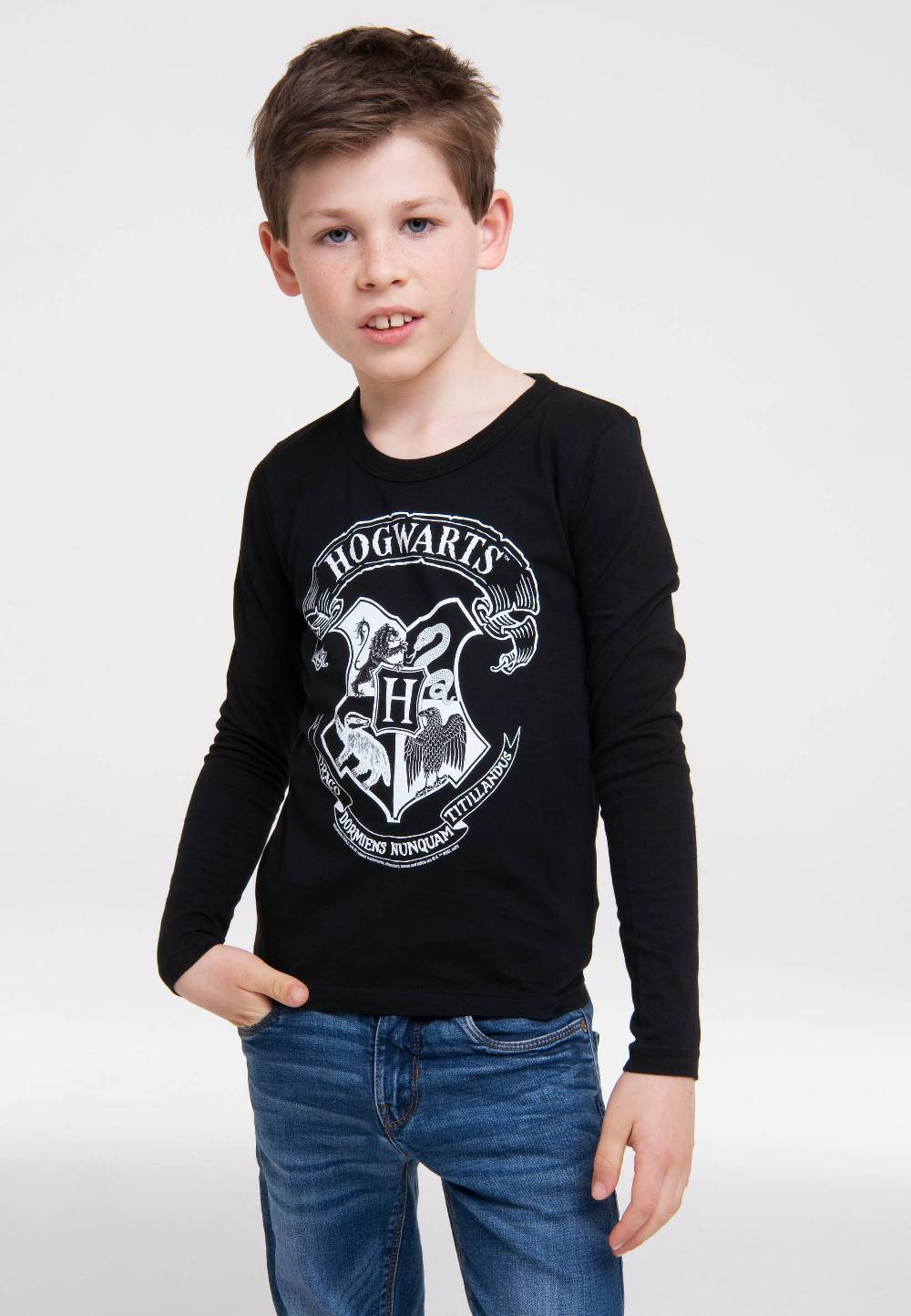 Logoshirt Harry Potter - Hogwarts Logo (Weiß) - Langarmshirt Print - Kinder Schlussverkauf