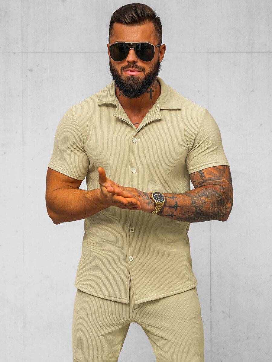 Ozonee Beige Herrenset – Hemd und Hose OZONEE O/Y963TSP Black Friday Preise