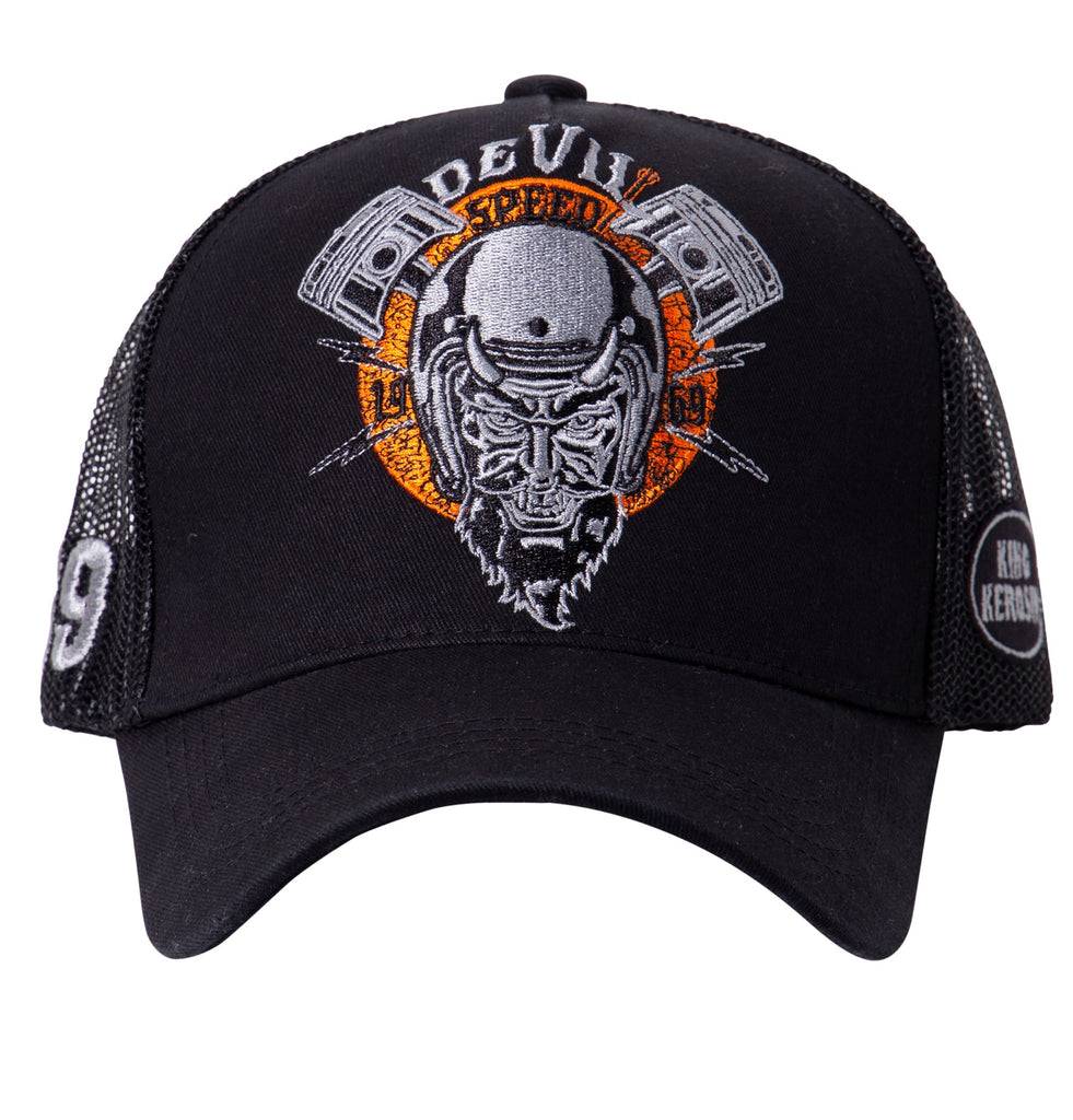Queen Kerosin Trucker Cap mit rebellischer Front-Stickerei «Devil Speed» Verkauf