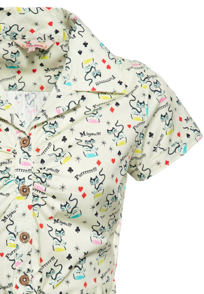 Queen Kerosin Hawaiibluse «Retro Cats» Limitierter Zeitrabatt