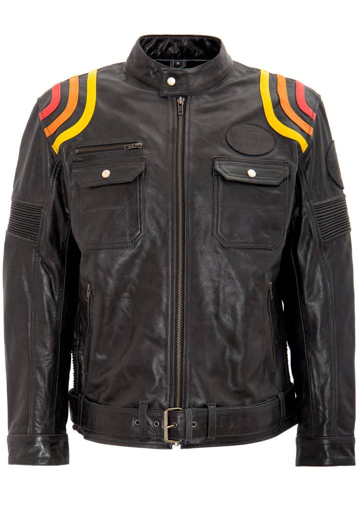 Queen Kerosin Lederjacke mit kontrastfarbigen Racer-Streifen Black Friday Preise