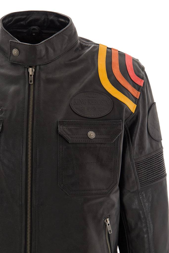 Queen Kerosin Lederjacke Print und Racer-Streifen «Cafe Racer» zollfrei