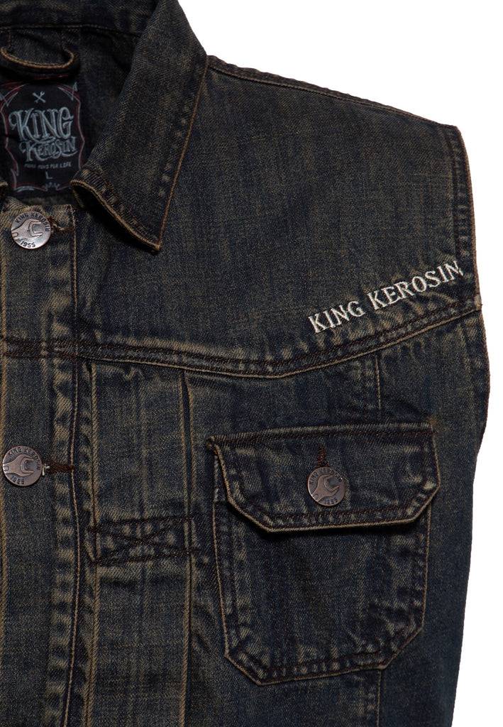 Queen Kerosin Denim Weste Stickerei «Motor State» 50% Rabatt für begrenzte Zeit
