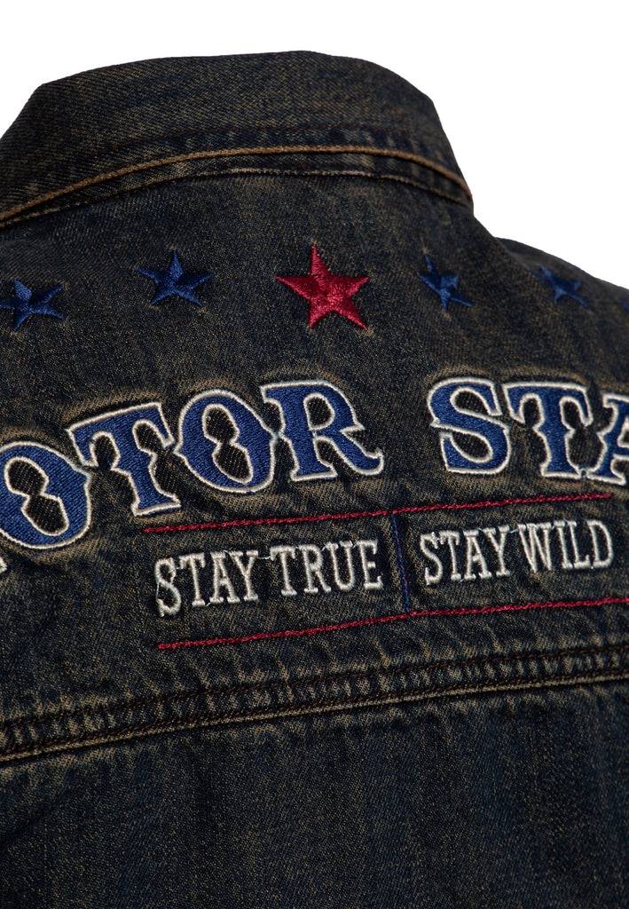 Queen Kerosin Denim Weste Stickerei «Motor State» 50% Rabatt für begrenzte Zeit