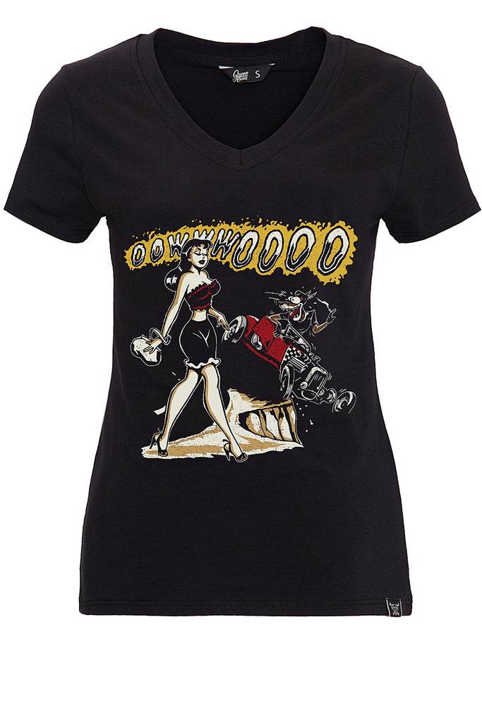 Queen Kerosin T-Shirt mit Frontprint und V-Ausschnitt «Oowwwoooo» Meist gekauft