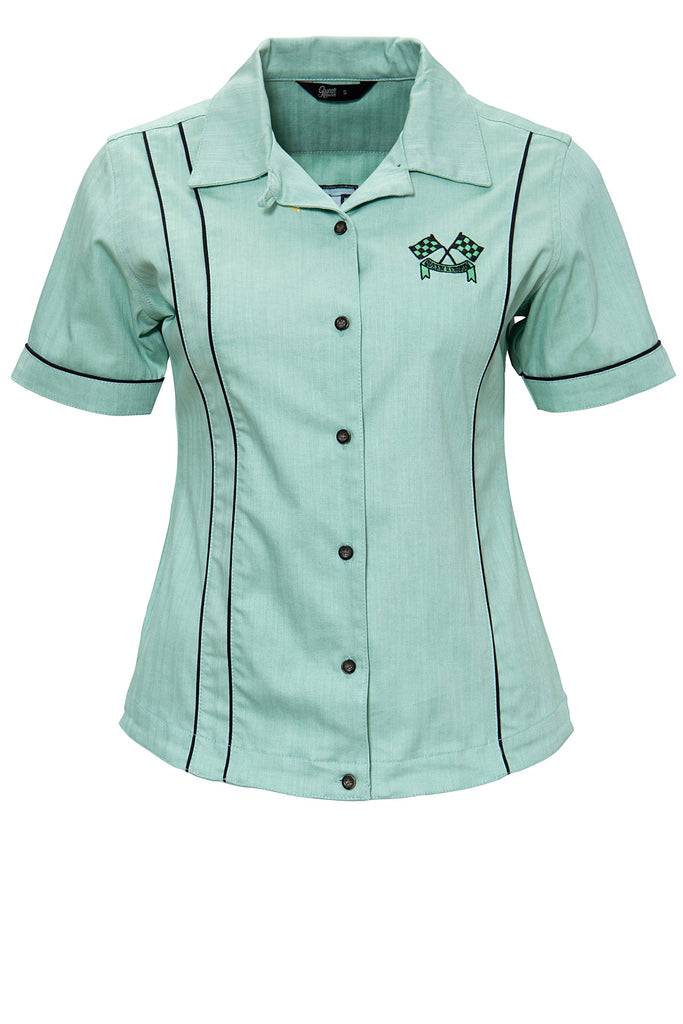 Queen Kerosin Kurzarm Reverskragen Bluse im Racing Design «Motor Queen» Sonderangebot