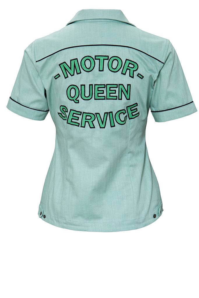 Queen Kerosin Kurzarm Reverskragen Bluse im Racing Design «Motor Queen» Sonderangebot