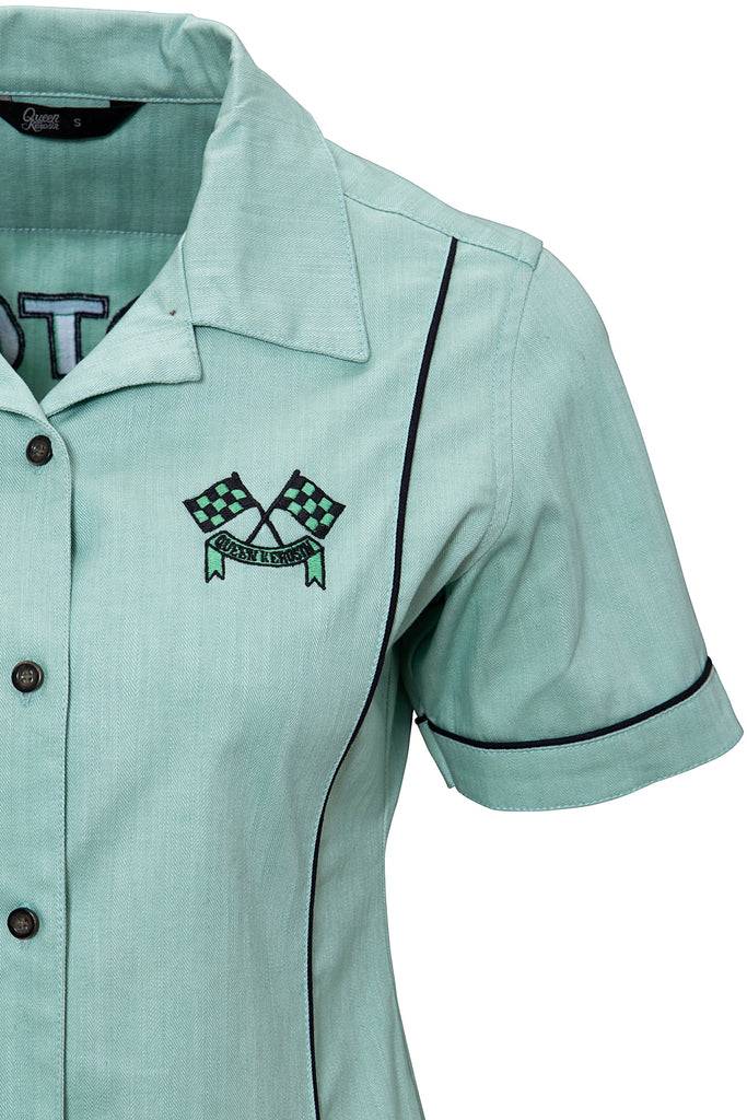 Queen Kerosin Kurzarm Reverskragen Bluse im Racing Design «Motor Queen» Sonderangebot