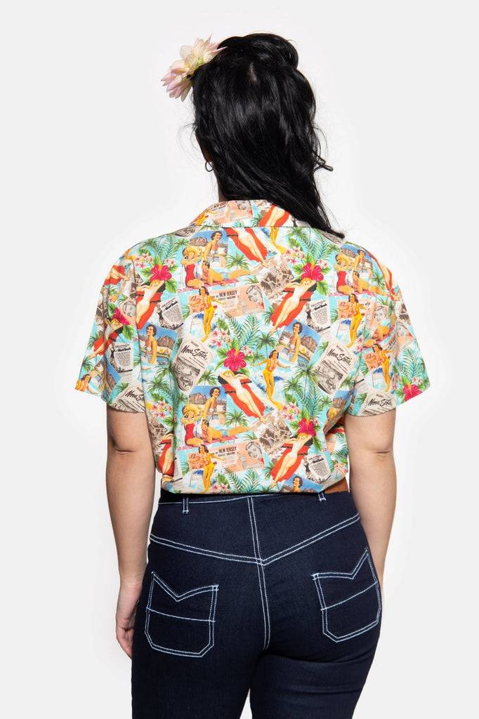Queen Kerosin Cropped Oversize Bluse mit Allover-Print im 50s Style Kauf eins, bekomm eins gratis