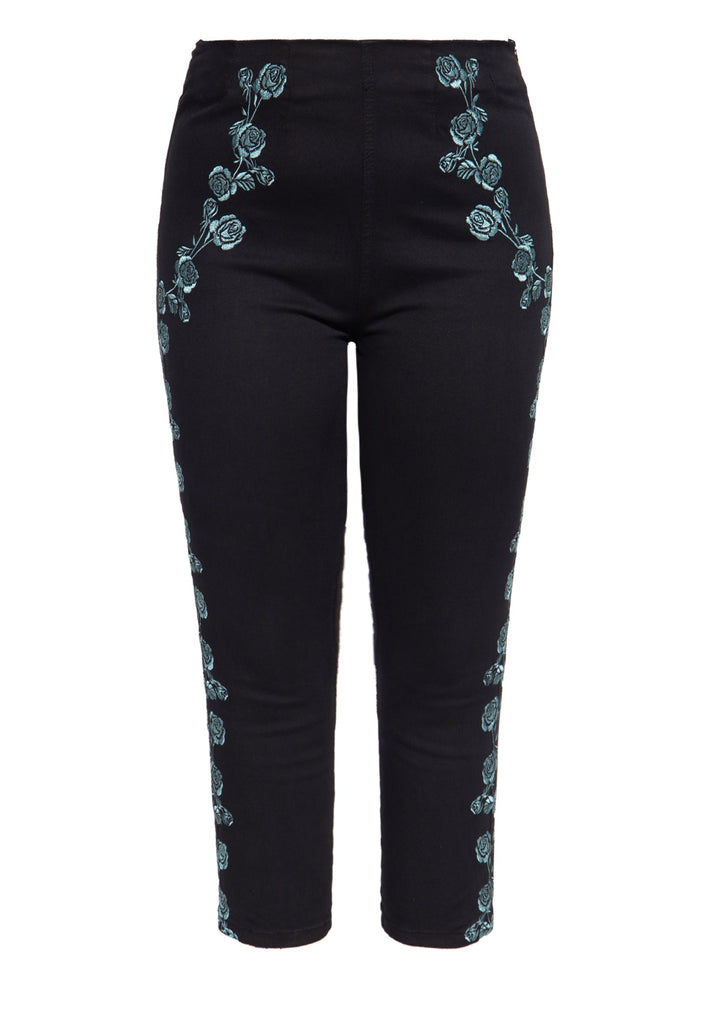 Queen Kerosin Vintage High Waist Capri Hose mit floralen Stickereien Sonderangebot der Fabrik