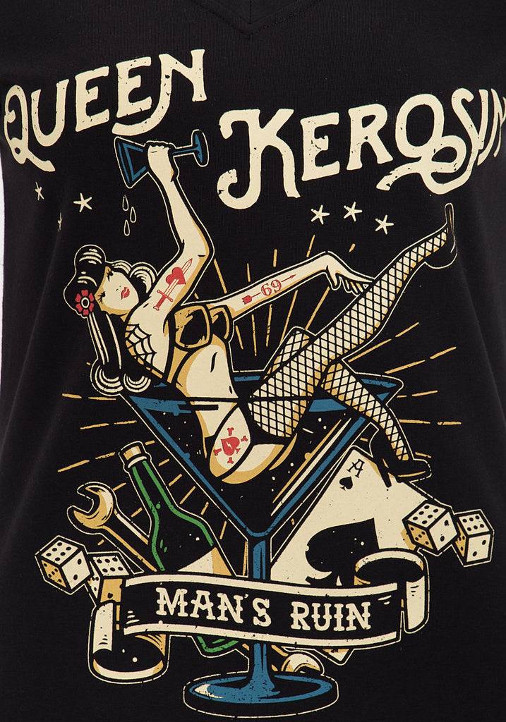 Queen Kerosin Kurzarm Shirt mit mehrfarbigem Retro-Print und Logo-Patch «Mans Ruin» Begrenzt auf 3 Tage