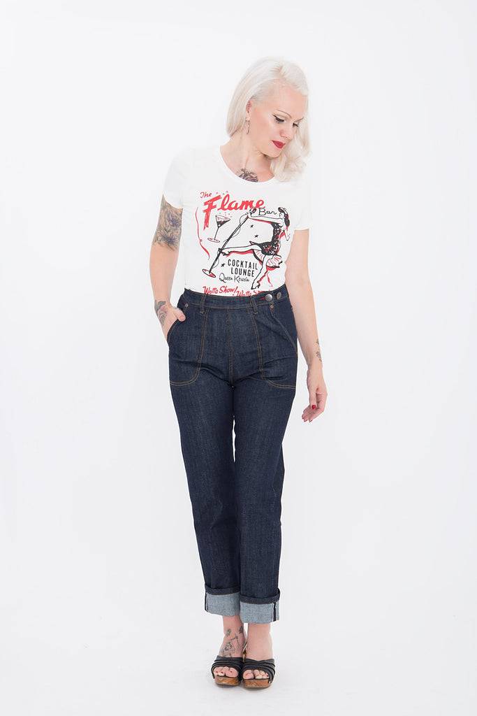 Queen Kerosin Kurzarm Shirt mit coolem Retro-Print «Flame Bar» Speichern exportieren