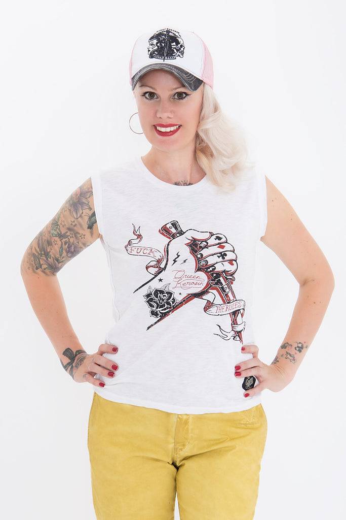 Queen Kerosin Tank Top mit rockigem Front Druck «Fuck The Rules» Black Friday Preise