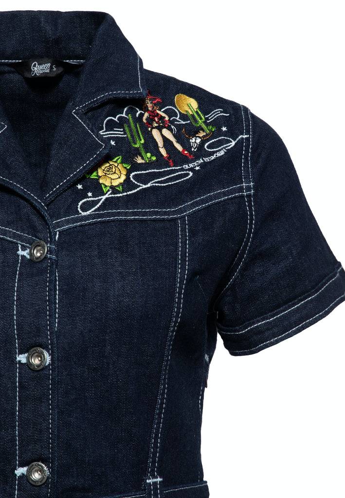 Queen Kerosin Swing Jeanskleid mit Stickereien Cyber Monday