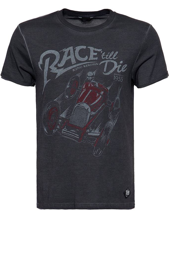 Queen Kerosin Oil Washed Print T-Shirt im Used Look «Race till die» Saisonschlussverkauf