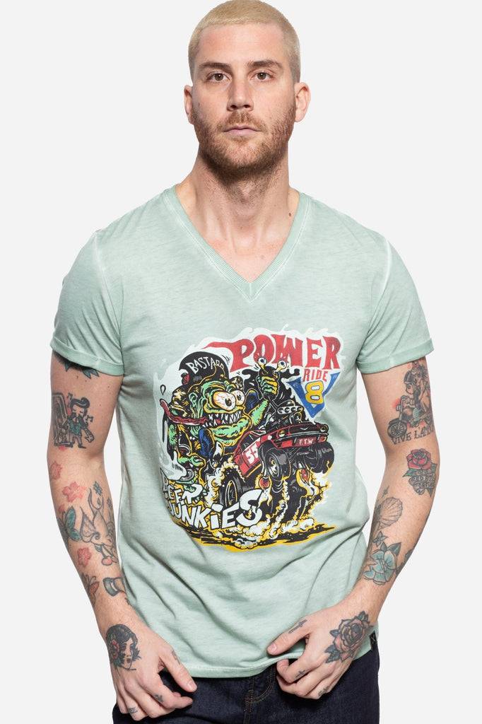 Queen Kerosin Roll-Up T-Shirt Oil Wash mit Monster-Print und V-Ausschnitt «V8 Monster» Jubiläumsangebot