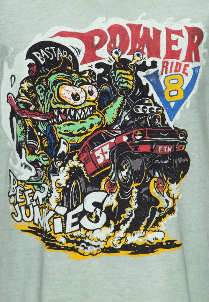 Queen Kerosin Roll-Up T-Shirt Oil Wash mit Monster-Print und V-Ausschnitt «V8 Monster» Jubiläumsangebot