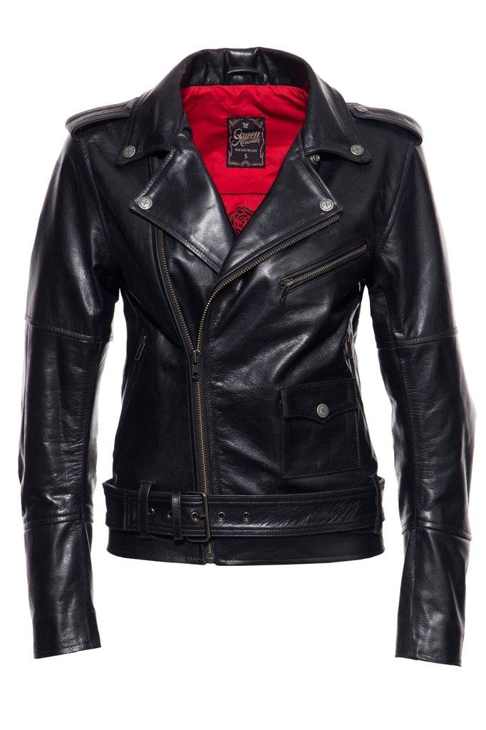 Queen Kerosin Lederjacke mit Bikerkragen und Gürtel am Saum Vierteljährliche Förderung
