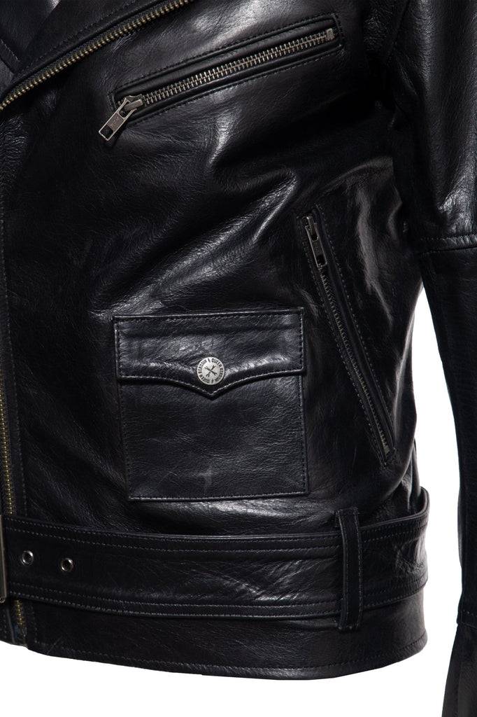 Queen Kerosin Lederjacke mit Bikerkragen und Gürtel am Saum Vierteljährliche Förderung