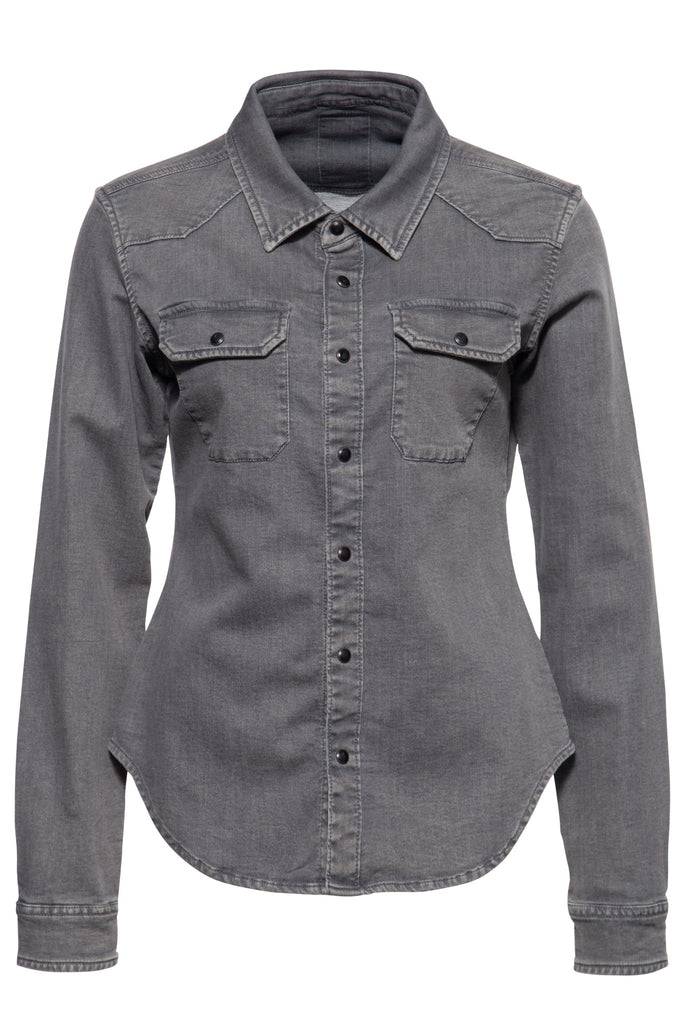 Queen Kerosin Denim-Bluse mit legerem Waschungseffekt und Backprint Super Rabatt