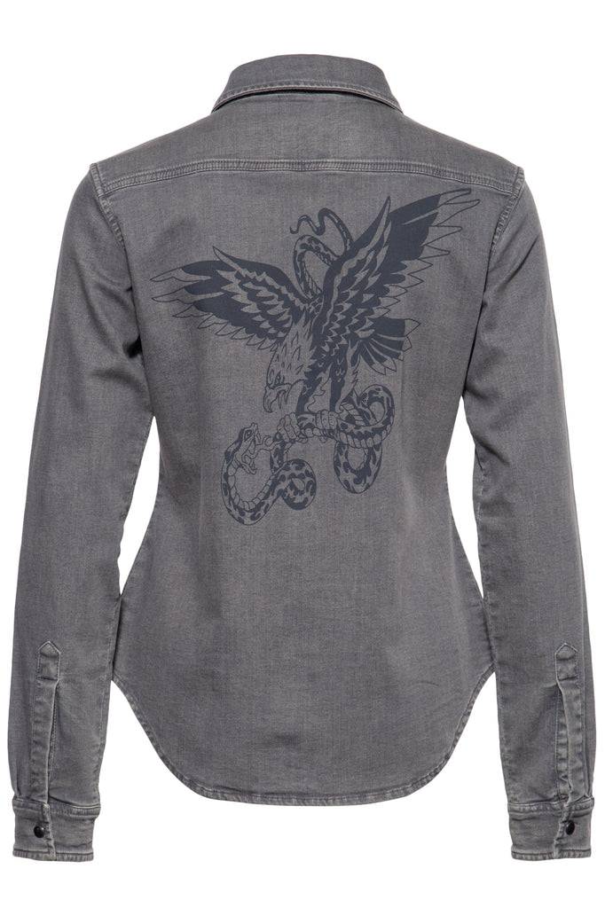Queen Kerosin Denim-Bluse mit legerem Waschungseffekt und Backprint Super Rabatt