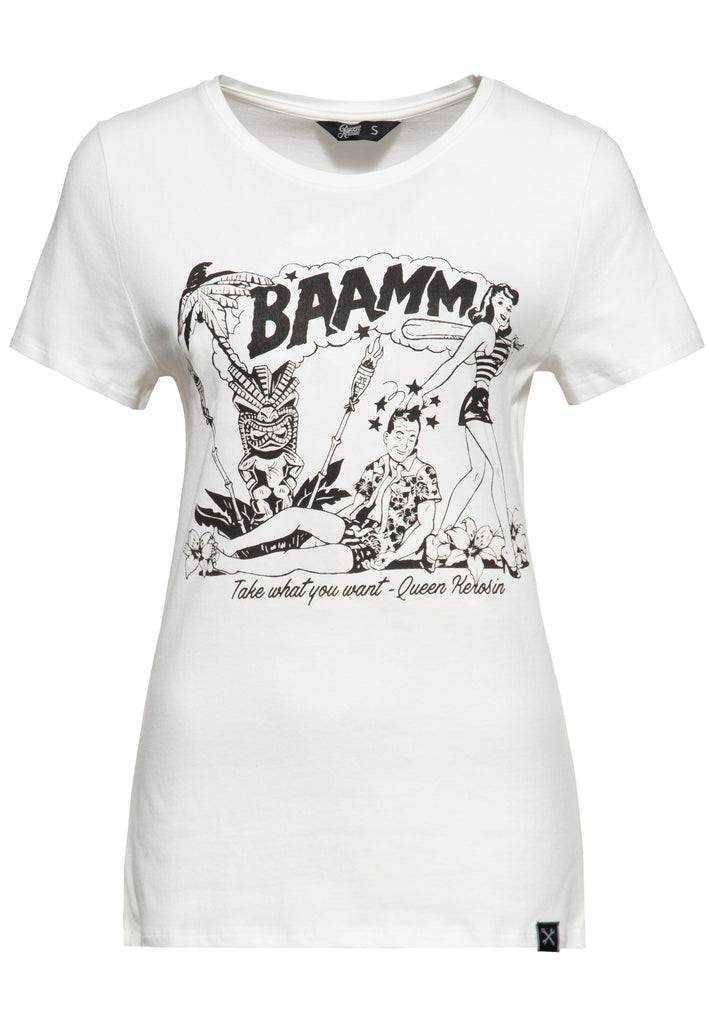 Queen Kerosin Print T-Shirt «Bammm» 50% Rabatt mit kostenlosem Versand