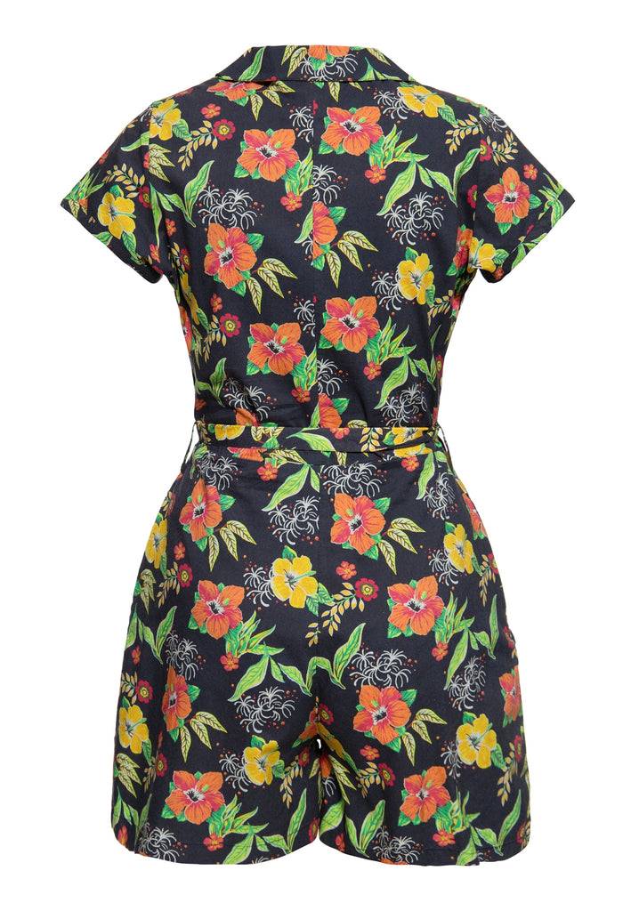 Queen Kerosin Blusen Jumpsuit «Hibiscus Black» Schlussverkauf
