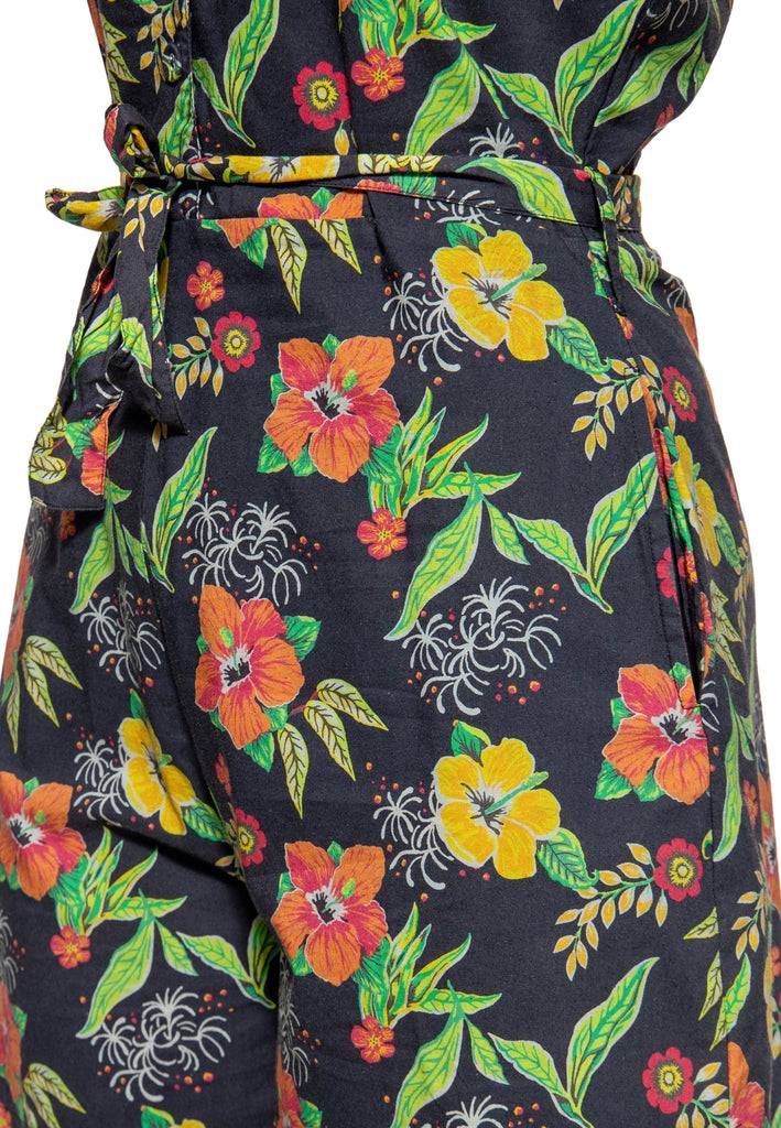 Queen Kerosin Blusen Jumpsuit «Hibiscus Black» Schlussverkauf