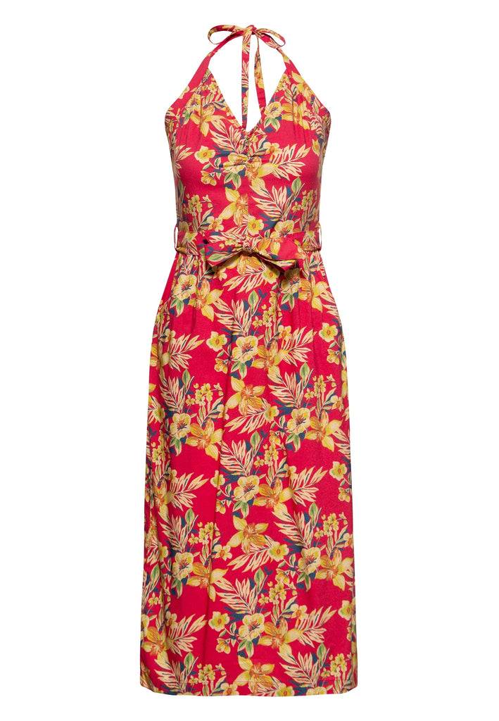 Queen Kerosin Neckholder Pencil Kleid «Hawaii Red» Großer Ausverkauf