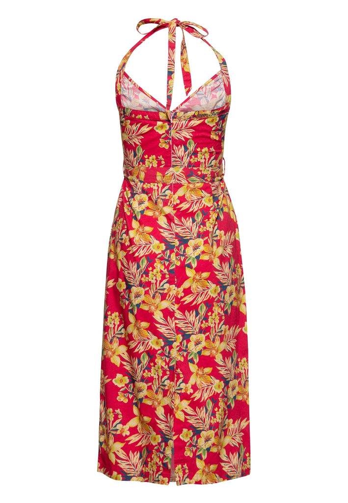 Queen Kerosin Neckholder Pencil Kleid «Hawaii Red» Großer Ausverkauf