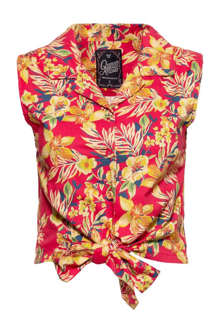 Queen Kerosin Ärmellose Bluse zum Binden «Hawaii Red» Preisnachlass