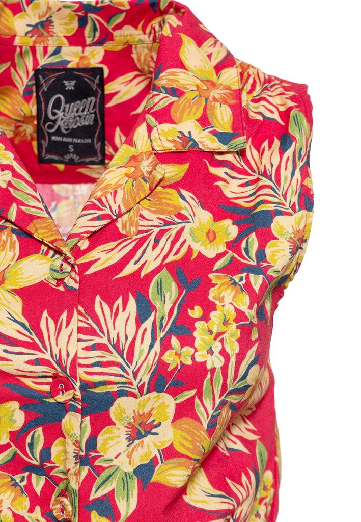 Queen Kerosin Ärmellose Bluse zum Binden «Hawaii Red» Preisnachlass
