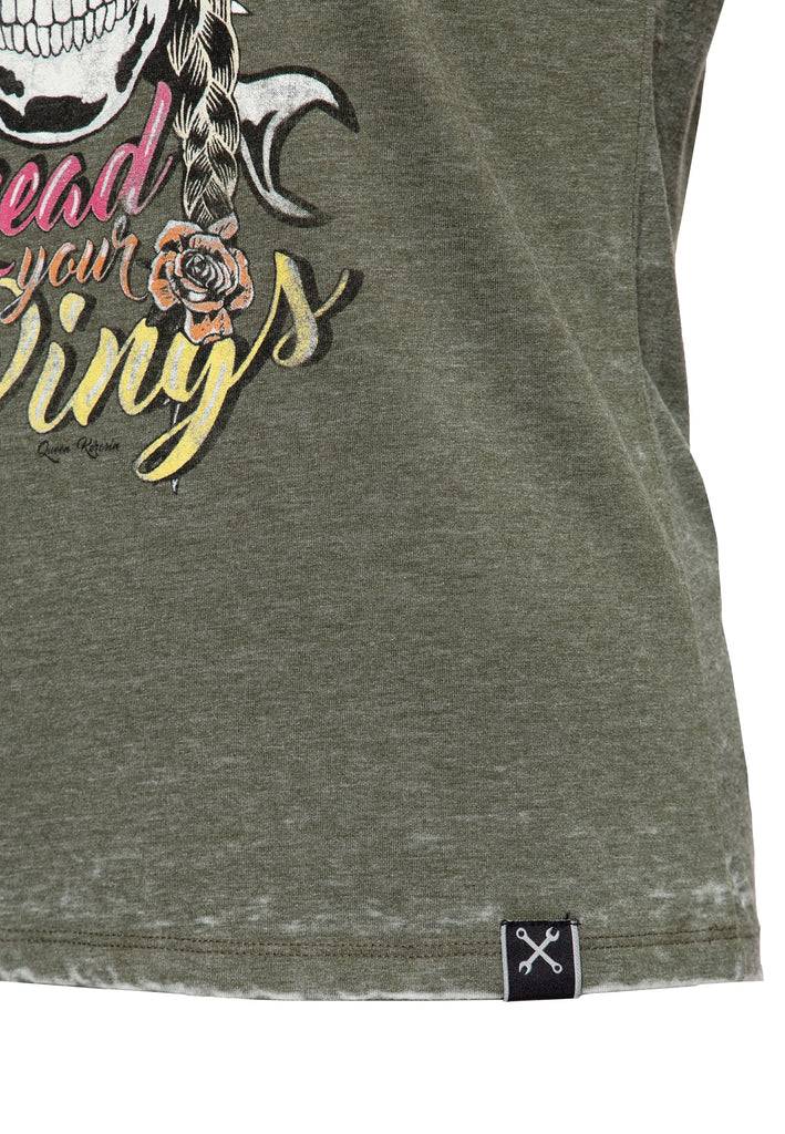 Queen Kerosin Roll-Up Sleeve T-Shirt «Spread Your Wings» Große Rabatte