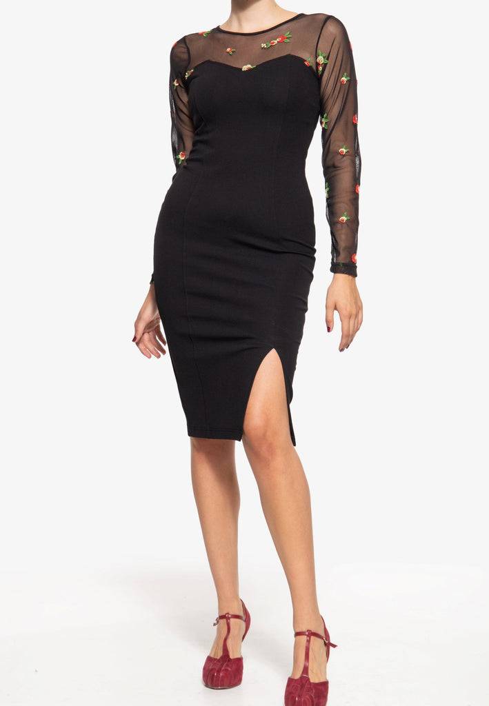 Queen Kerosin Mesh Bleistiftkleid mit Rosen-Stickerei Begrenzt auf 3 Tage