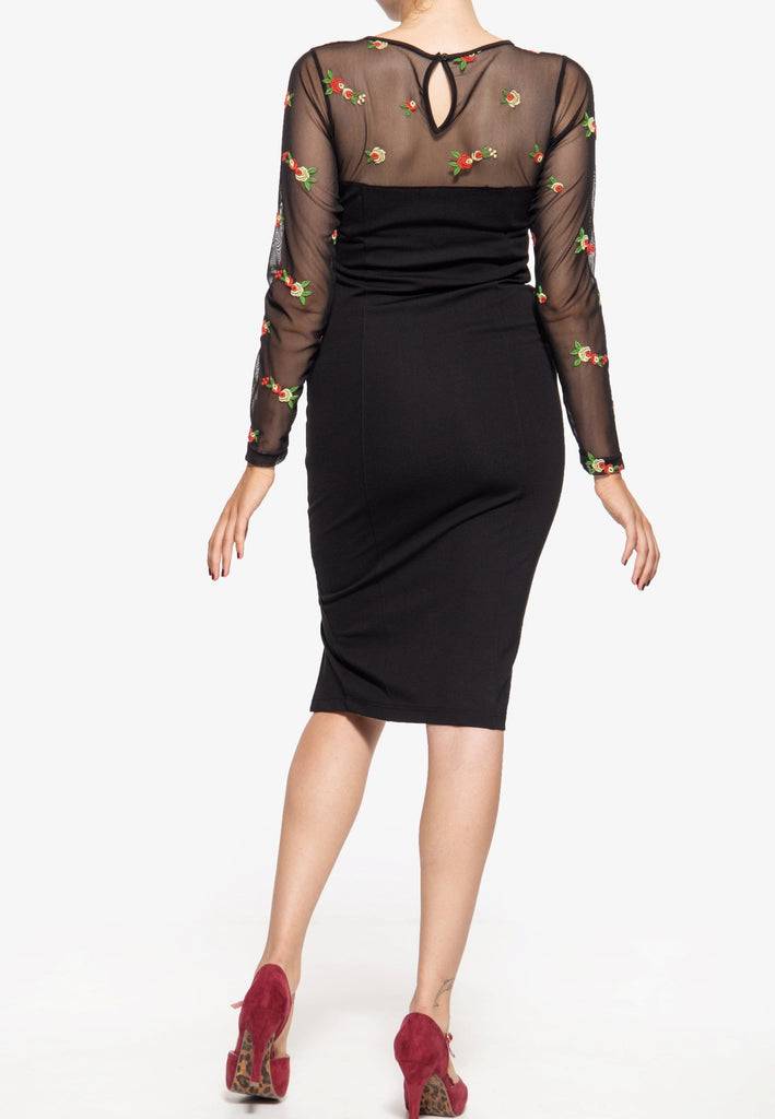 Queen Kerosin Mesh Bleistiftkleid mit Rosen-Stickerei Begrenzt auf 3 Tage