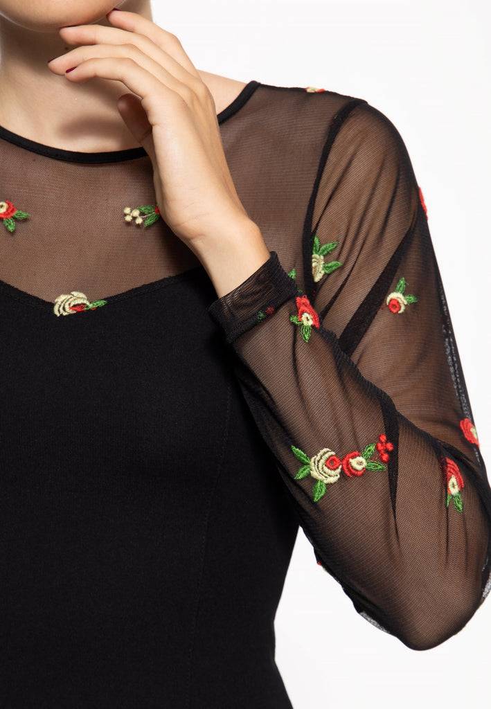 Queen Kerosin Mesh Bleistiftkleid mit Rosen-Stickerei Begrenzt auf 3 Tage