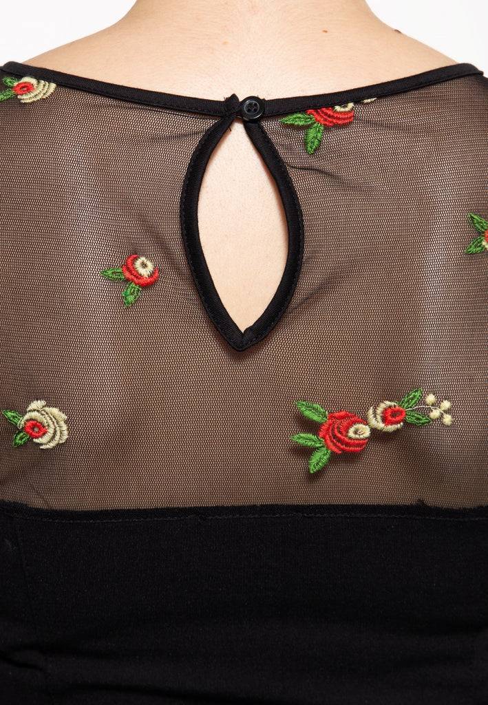 Queen Kerosin Mesh Bleistiftkleid mit Rosen-Stickerei Begrenzt auf 3 Tage